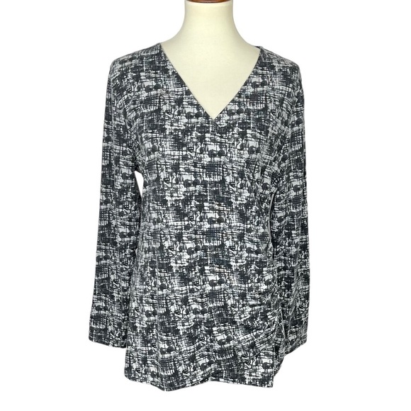 Soft Surroundings Shirt Women Large Black White Print Faux Wrap Side Ruch V-Neck - Picture 1 of 11